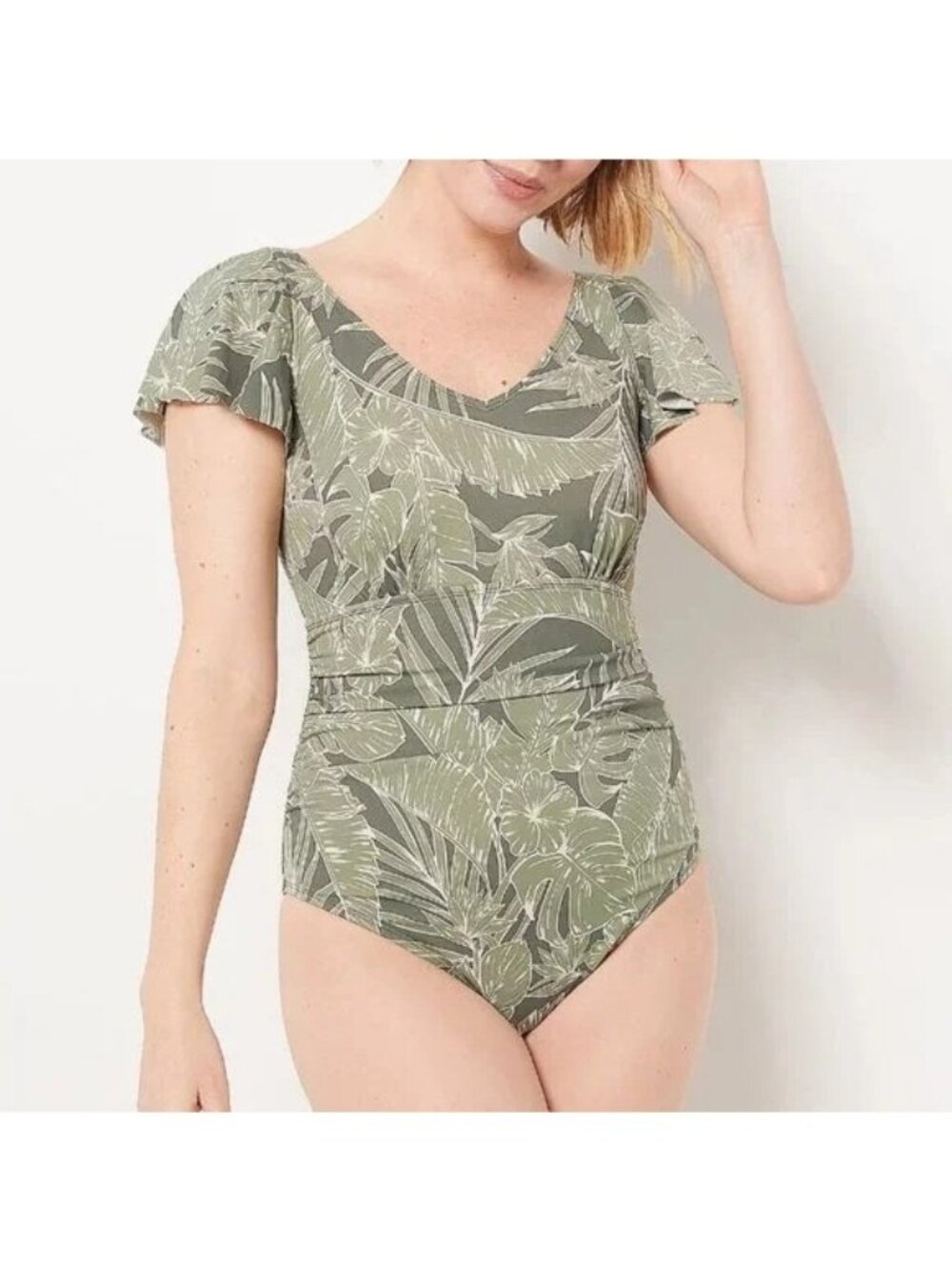 Denim and Co Beach V Neck Ruffle Sleeve One Piece Swimsuit Womens 6 Olive NEW